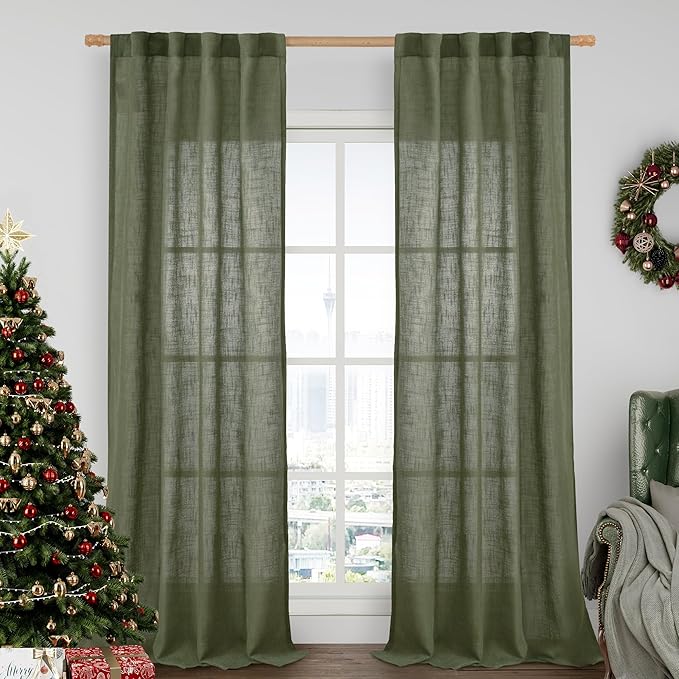 LAMIT Olive Green Linen Curtains for Living Room 84 inch Length 2 Panels, Light Filtering Semi Sheer Panels Back Tab and Rod Pocket Boho Christmas Drapes for Bedroom/Farmhouse, 38 x 84 Inch
