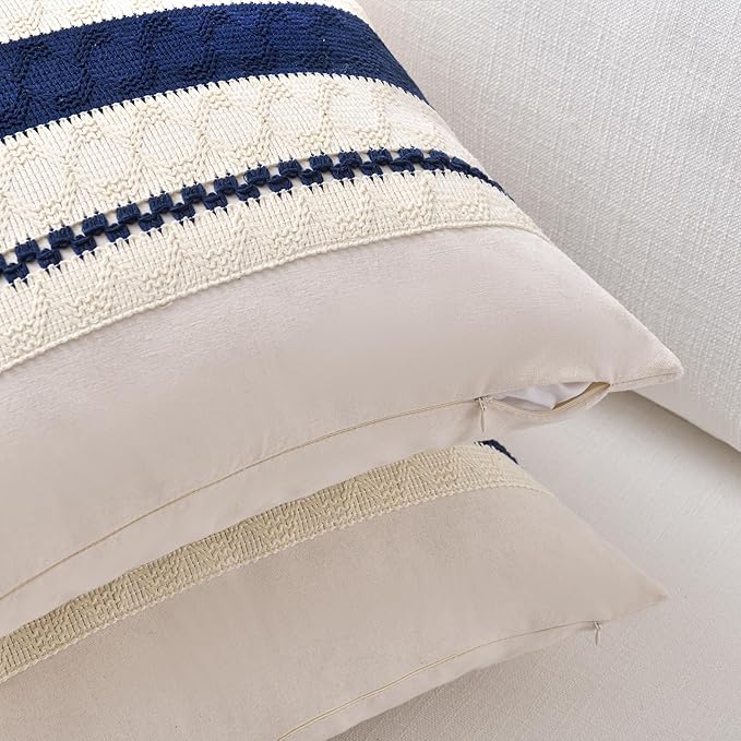 Fancy Homi Set of 1 Navy Blue Lumbar Decorative Throw Pillow Covers 12x24 Inch for Couch Bed Sofa Living Room, Aesthetic Modern Organic Farmhouse Home Decor, Soft Cotton Woven Textured Cushion Case