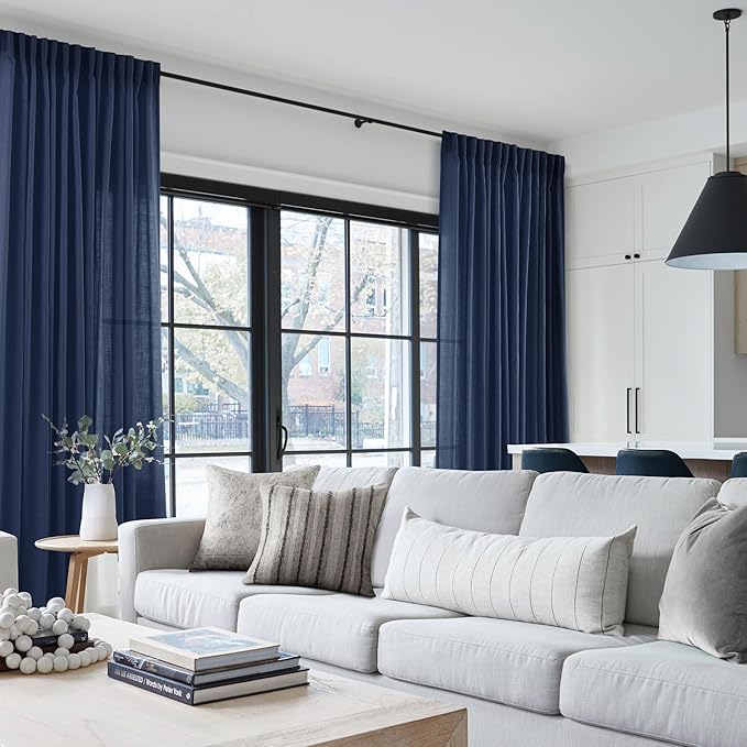 Navy Blue Curtains 84 inch Length for Bedroom Back Tab Light Filtering Semi Sheer Blue Living Room Curtains Linen Polyester Indigo Blue Drapery Panel Modern Farmhouse Aesthetic Decor Dark Blue