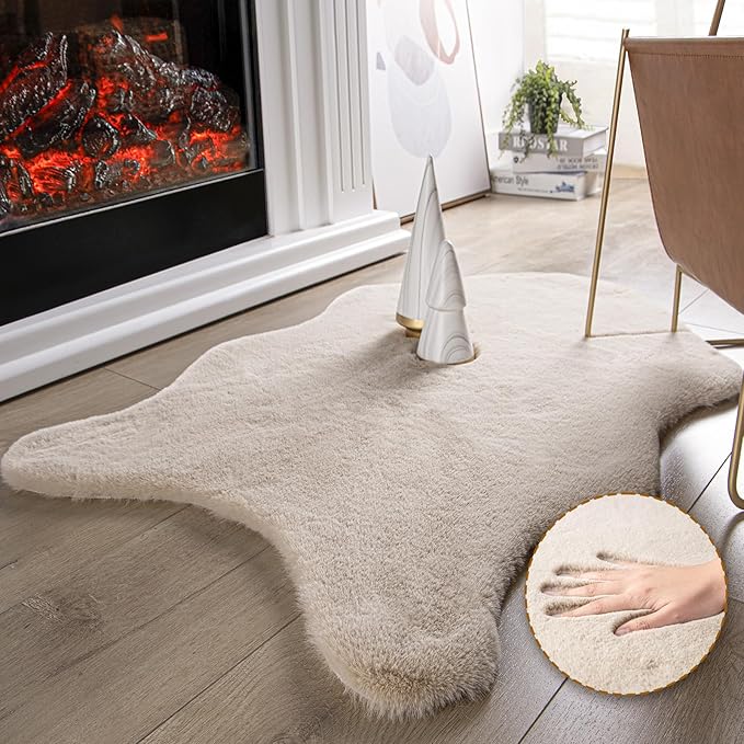 Ashler Faux Fur Rug, Upgraded Soft Faux Rabbit Fur, Beige Area Rugs, 2 x 3 Feet, Machine Washable Nursery Decor Throw Rugs for Bedroom, Kids Room, Living Room
