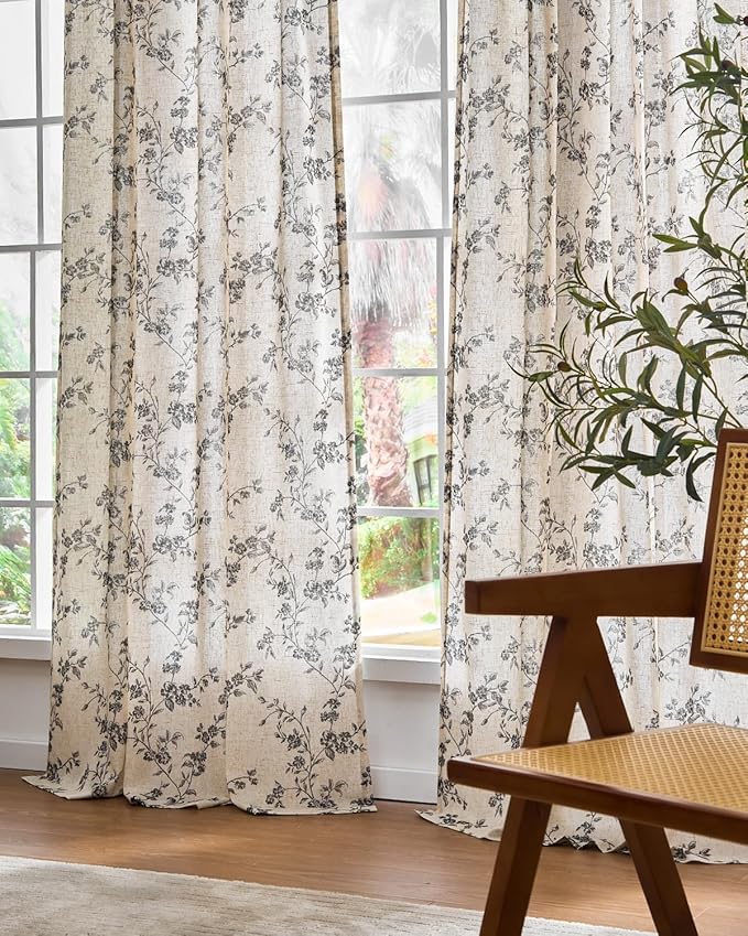 Lazzzy Black Floral Linen Curtains 84 Inch Farmhouse Back Tab Drapes for Living Room Bedroom Light Filtering Vintage Grandmillennial Rod Pocket Curtains, 2 Panels, W38 x L84, Black on Beige