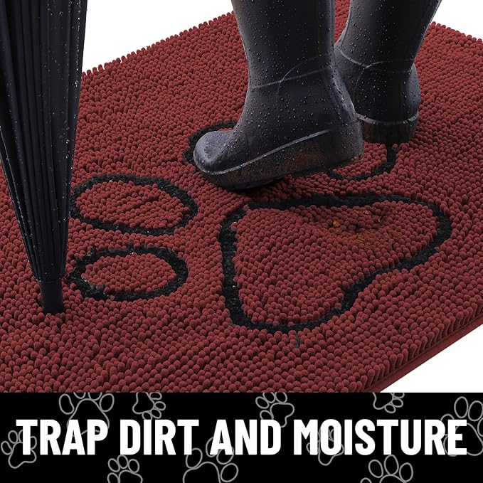Smiry Dog Door Mat for Muddy Paws, Absorbent Dirt Trapper Non Slip Quick Dry Washable Chenille Mat for Mud Dogs, Entry Rug for Indoor and Outdoor (48x30 Inches, Caramel Russet and Black