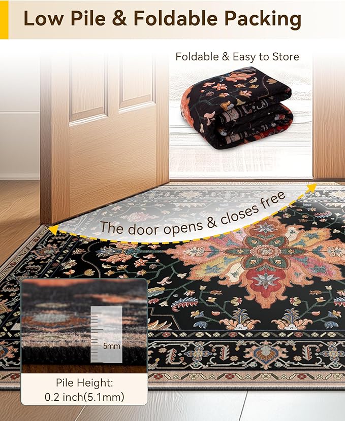 RELEANY Area Rugs 2'x7' Runner Rug Non Slip Washable for Kitchen Hallway Bedroom Beside Laundry Room Bathroom Rug, Floor Carpet, Black Colorful Floral Dark Tan