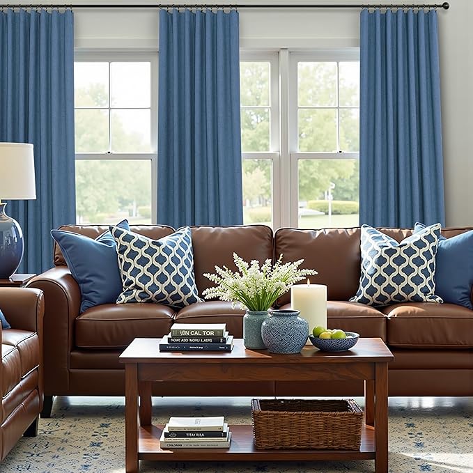Denim Blue Living Room Darkening Curtains 72 Inches Long 2 Panels Set Faux Linen Cute Black Out Window Drapes for Bedroom Insulated Thermal Curtain for Summer Heat Winter Breakfast Nook 52x72 Length