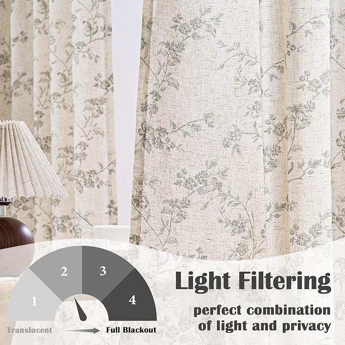 Lazzzy Floral Linen Curtains Farmhouse Extra Long Curtain for Living Room Bedroom Light Filtering Vintage Rod Pocket Back Tab Drapes for Home, 2 Panels, Gray on Beige, W38 X L108
