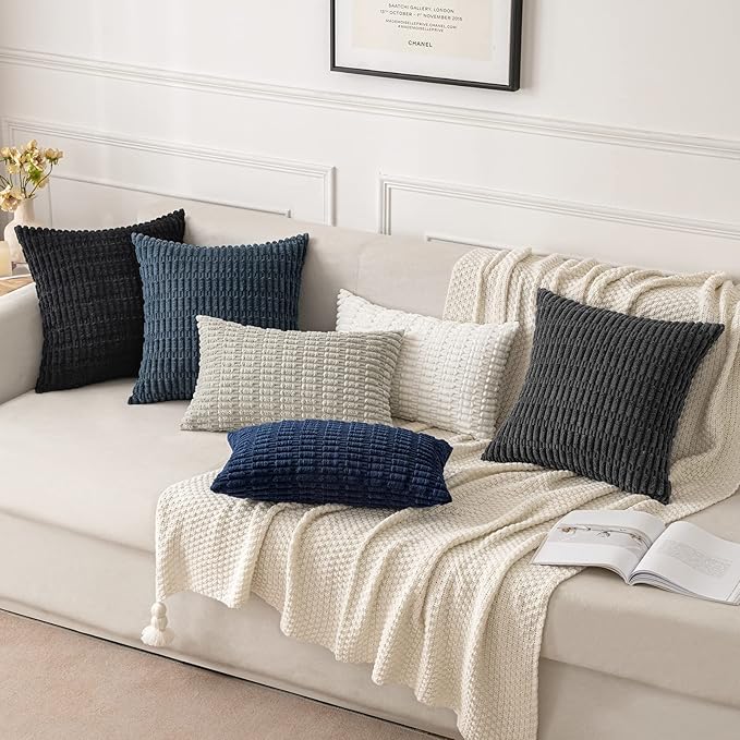 MIULEE Pack of 2 Corduroy Decorative Euro Sham Throw Pillow Covers 24x24 Inch Soft Boho Striped Pillow Covers Modern Farmhouse Home Decor for Sofa Living Room Couch Bed Pure White