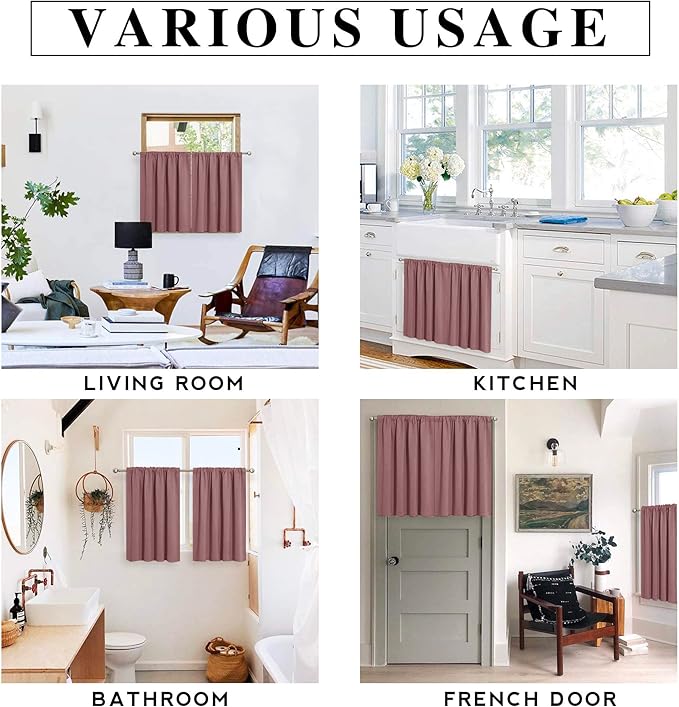 RYB HOME Half Curtain Tiers 36 inch Length, Rod Pocket Summer Heat Blocking Thermal Insulated Short Blackout Curtains for Small Window, Width 34 by Length 36, Dusty Rose, 2 Panels