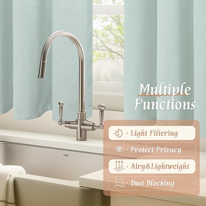 LAMIT 54 Inch Short Window Linen Curtains, Soft Faux Linen Light Filtering Panels Rod Pocket Neutral Drapes for Bedroom/Loft Room, Light Blue, 2 Panels, 42 x 54 Inch