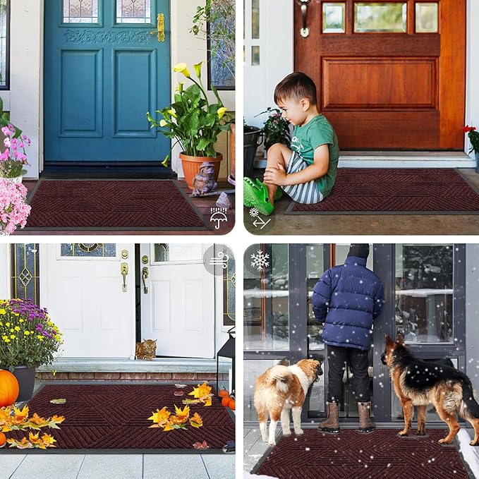 Smiry Front Door Mat Outside Entrance, Heavy Duty Sturdy Natural Rubber Doormat, Trap Dirt and Moisture, Easy Clean Low Profile Mats for Indoor Outdoor Entry, Irregular Triangle (47x32, Dark Red)
