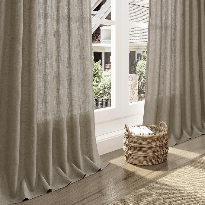 Extra Long Curtain 108 Inches Long 2 Panels Set Back Tab Mocha Linen Drapes for Living Room Neutral Farmhouse Light Filtering Semi Sheer Linen Curtains 108 Inch Length for Large Window 9 FT Tall