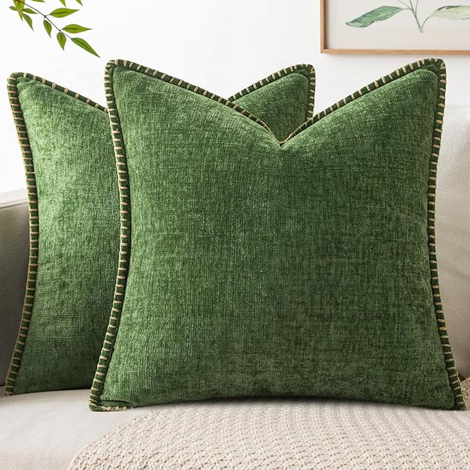 MIULEE Pack of 2 Pillow Covers 20x20 Inch Moss Green Farmhouse Decorative Throw Pillow Covers with Stitched Edge Soft Chenille Solid Dyed Couch Pillow Covers for Sofa Bed Living Room