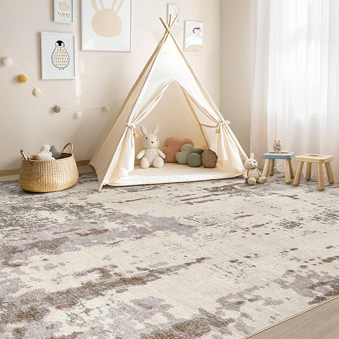 UERMEI 10x12 Area Rug Living Room Rugs - Washable Neutral Modern Abstract Soft Thin Rug Indoor Floor No Slip Rug Carpet for Bedroom Under Dining Table Home Office Decor - Brown/Grey/Beige