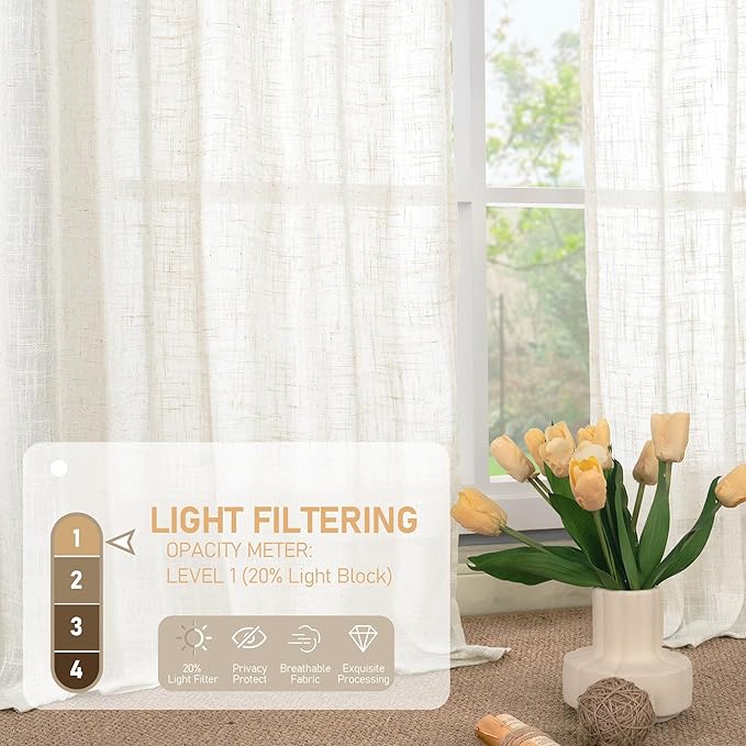 LAMIT 102 inch Semi Sheer Linen Curtains for Living Room, Back Tab and Rod Pocket Cream Curtains Light Filtering Country Rustic Neutral Drapes for Bedroom/Farmhouse, 2 Panels, 52 x 102 Inch