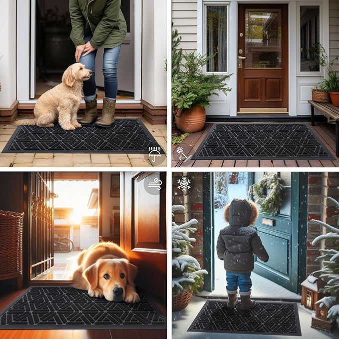 Smiry Front Door Mat Outside Entrance, Heavy Duty Sturdy Natural Rubber Doormat, Trap Dirt and Moisture, Easy Clean Low Profile Mats for Indoor Outdoor Entry, Grid Geometric (29.5x17, Black)