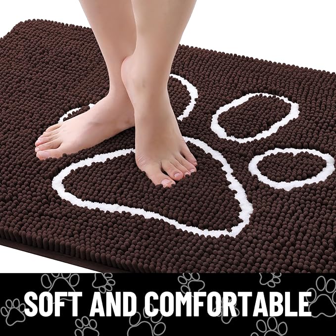 Smiry Dog Door Mat for Muddy Paws, Absorbent Dirt Trapper Non Slip Quick Dry Washable Chenille Mat for Mud Dogs, Entry Rug for Indoor and Outdoor (59x20 Inches, Brown and White)