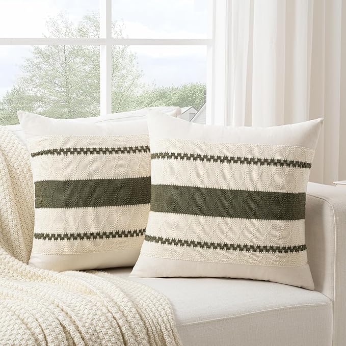 Fancy Homi Set of 1 Boho Olive Green Decorative Throw Pillow Cover 22x22 Inch for Couch Bed Sofa, Aesthetic Modern Organic Farmhouse Home Decor, Soft Cotton Cute Accent Macrame Woven Cushion Case