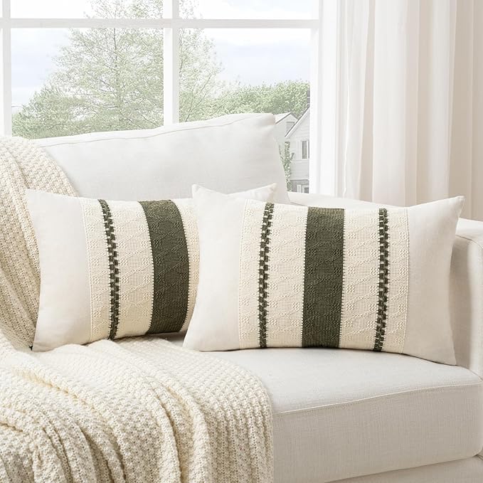 Fancy Homi Set of 1 Boho Olive Green Long Lumbar Decorative Throw Pillow Cover 12x24 Inch for Couch Bed Sofa Chair, Modern Organic Farmhouse Home Decor, Soft Cotton Cute Accent Rectangle Cushion Case