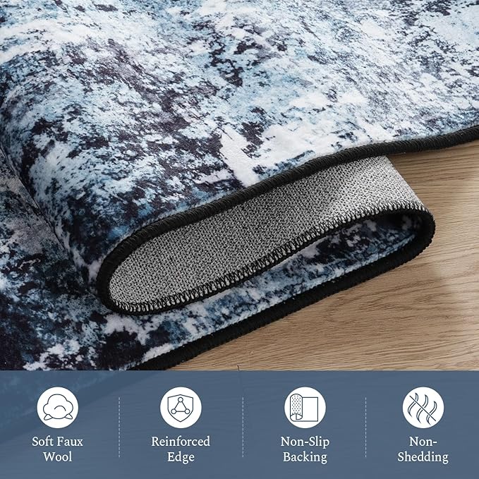 Rugflix Round Area Rugs 4Ft for Living Room, 4x4 Washable Rug Stain-Resistant Low Pile, Modern Dark Carpet for Dining Room Home Office Kid Room Nursery Bedroom, Navy Blue/Black