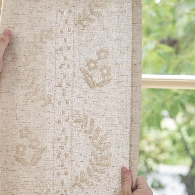 jinchan Belrose Linen Curtains for Bedroom Floral Curtains 63 Inch Length Linen Blend Ivory Embroidered Drapes Farmhouse Flower Patterned Drapes for Living Room Window Treatments Set 2 Panels
