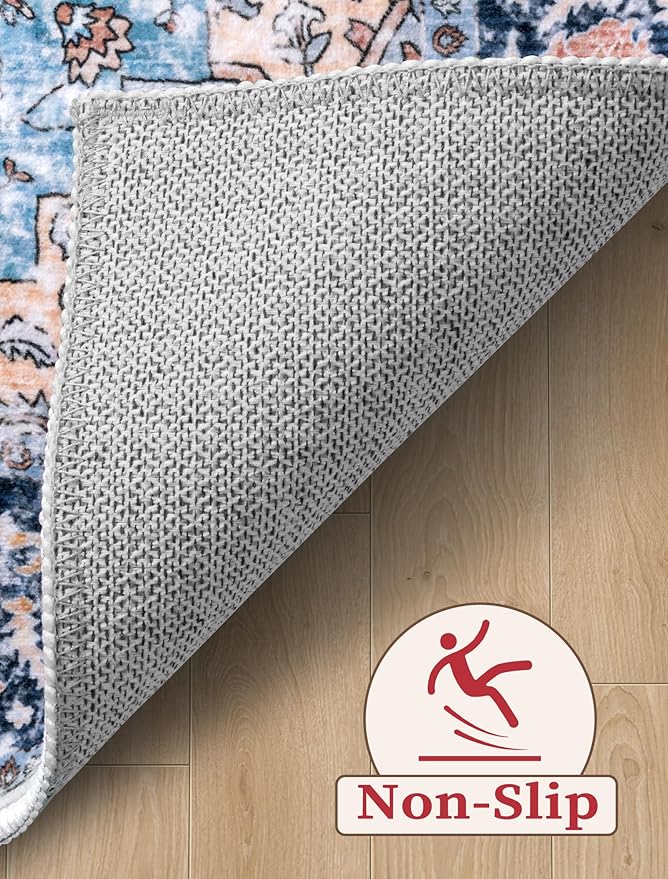 SERISSA Boho Washable Runner Rug, 2x5 Rug Non-Slip Vintage Blue Orange Hallway Kitchen Runner Rug Ultra Soft Print Distressed Tribal Floor Carpet for Bedroom Bathroom Laundry Room