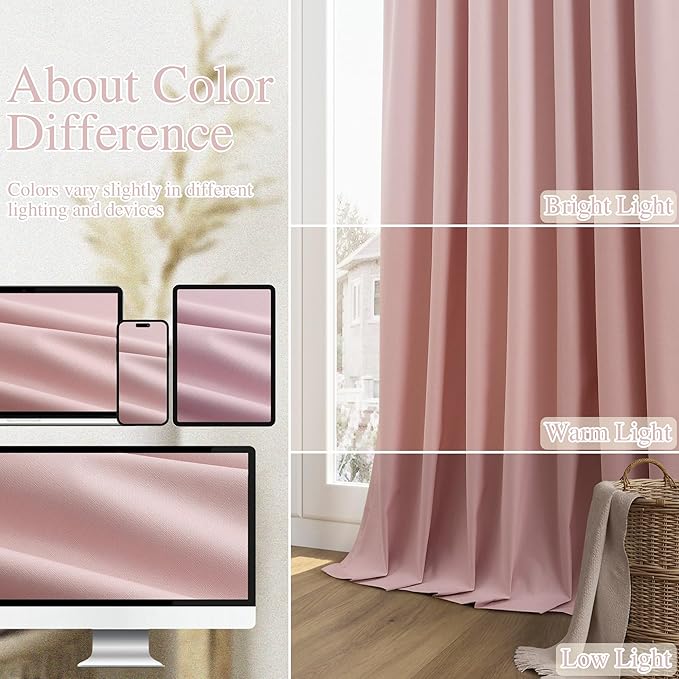 Guken Pink 100% Blackout Linen Curtains 108 Inch 2 Panels Set for Girl's Bedroom, Living Room, Nursery, Back Tab/Rod Pocket Thermal Insulated Black Out Drapes Room Darkening Farmhouse Window Curtains