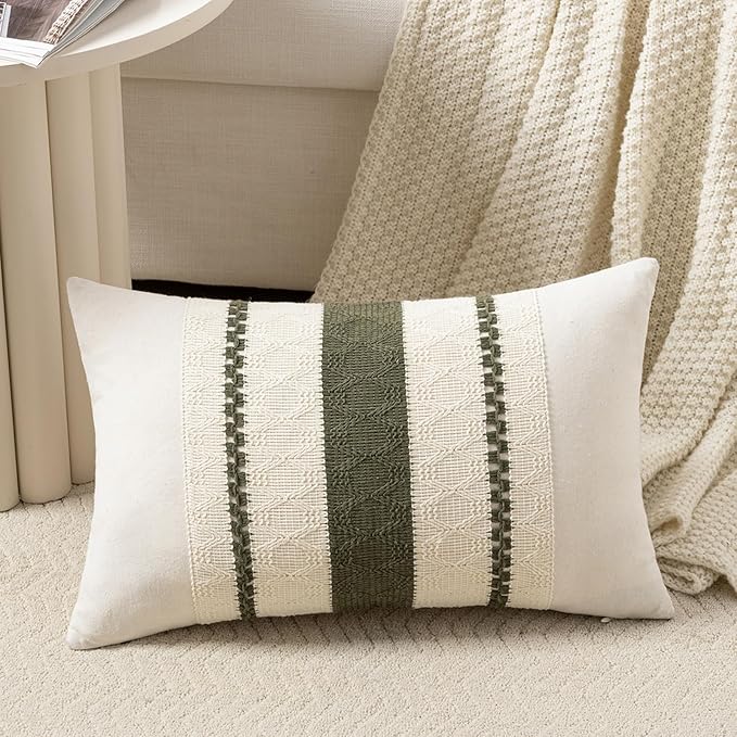 Fancy Homi Set of 1 Boho Olive Green Long Lumbar Decorative Throw Pillow Cover 12x24 Inch for Couch Bed Sofa Chair, Modern Organic Farmhouse Home Decor, Soft Cotton Cute Accent Rectangle Cushion Case