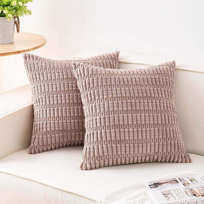 Pack of 2 Corduroy Decorative Throw Pillow Covers 26x26 InchSoft Striped Pillow Covers Modern Farmhouse Home Decor for Sofa Living Room Couch Bed（Light Brown）