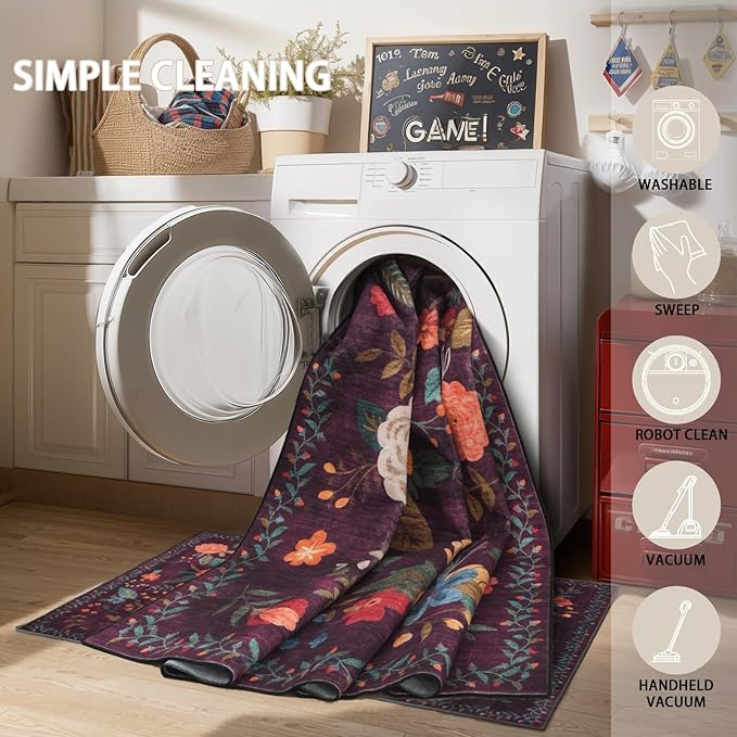 Floral Rug for Entryway, 2X3 Washable Kitchen Mat Ultra-Thin Soft, Non-Slip Indoor Door Carpet Stain Resistant Boho Small Low-Pile Throw for Bathroom Bedroom (2 x 3, Purple Lawn)
