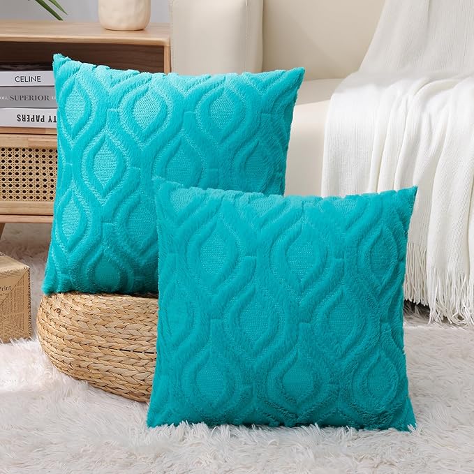 decorUhome Summer Throw Pillow Covers 24x24 Inch Set of 2, Soft Plush Faux Wool Turquoise Solid Couch Pillow Covers, Accent Euro Sham Farmhouse Neutral Square Pillow Cases for Sofa Bed Living Room