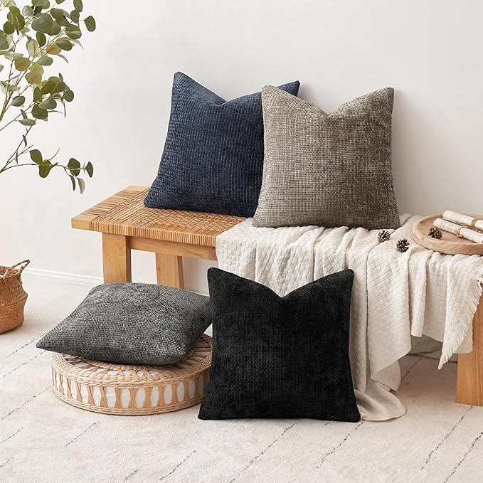 MIULEE Pack of 4 Couch Throw Pillow Covers 18x18 Inch Neutral Navy/Grey Soft Decorative Chenille Pillow Covers Farmhouse Accent Cushion Covers for Boho Home Decor Sofa Bedroom Living Room