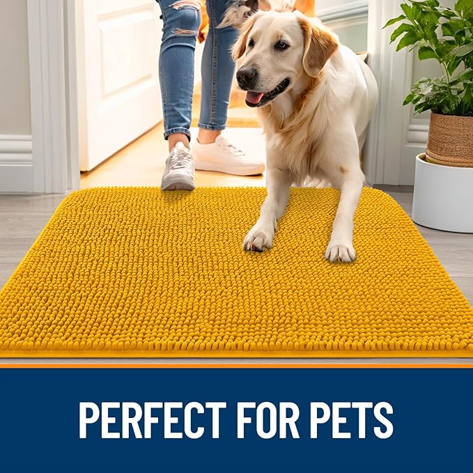 OLANLY Dog Door Mat for Muddy Paws 34x21, Absorbs Moisture and Dirt, Absorbent Non-Slip Washable Doormat, Quick Dry Chenille Mud Mat, Entry Indoor Entryway Carpet for Inside Floor, Golden Yellow