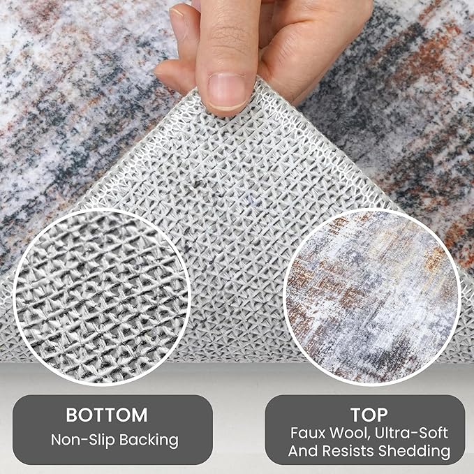 IOHOUZE Abstract Area Rugs 9x12 Ft Washable Large Rugs for Living Room, Non Slip Dining Room Rug, Printed Faux Wool Rugs for Bedroom, Floor Carpet for Office Nursery Playroom, Orange Grey