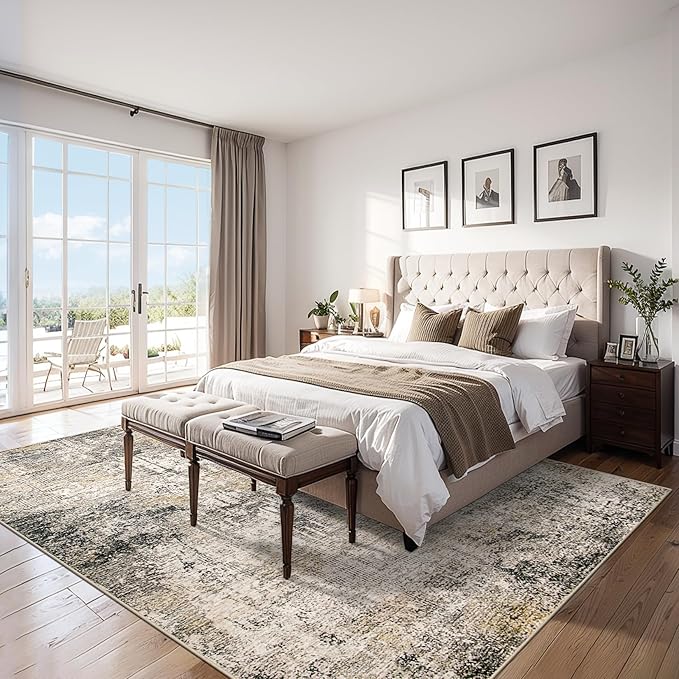Area Rugs 10x14 Living Room - Washable Rug Modern Abstract Soft Large Neutral Non-Slip Carpet Indoor Floor Thin Carpets for Bedroom Dining Room Farmhouse Nursery Home Office Brown Black Grey