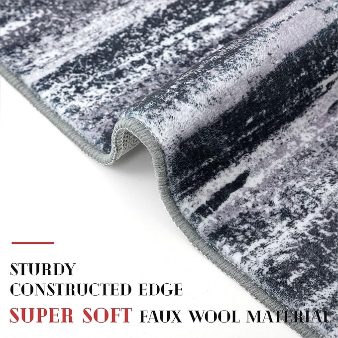 Lansny Modern Abstract Hallway Runner Rug, Black Grey Washable Entryway Runner Non-Slip Soft 2x8 Runner Rug Thin Print Faux Wool Carpet for Kitchen Bedroom Laundry Room Indoor Home Decor