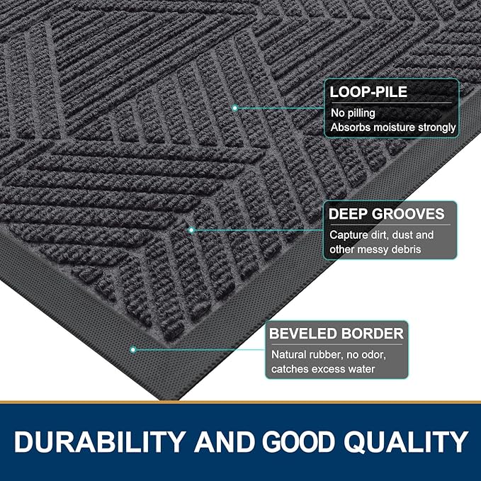 Smiry Front Door Mat Outside Entrance, Heavy Duty Sturdy Natural Rubber Doormat, Trap Dirt and Moisture, Easy Clean Low Profile Welcome Floor Mats for Indoor Outdoor Entry, 59x23 Inch, Medium Grey