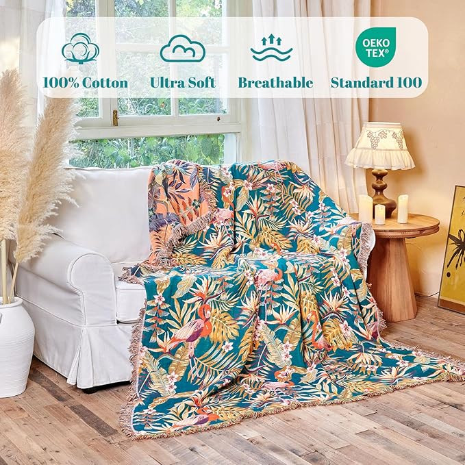 MSGKV Boho Throw Blanket for Bed 60"x80" 100% Cotton Jungle Animal Couch Blanket Spring Breathable Lightweight Twin Size Blankets for Sofa Home Decor Muslin All Seasons