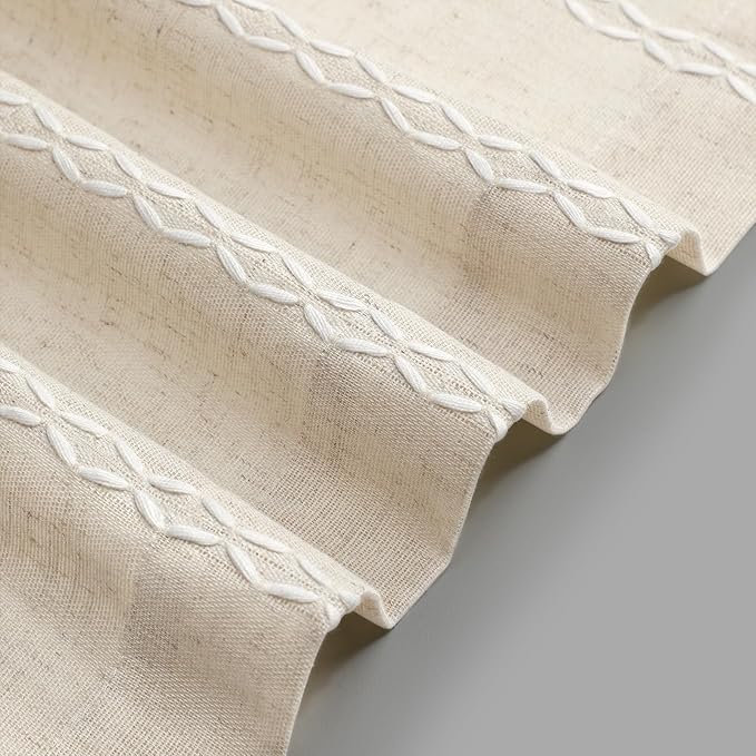 Boho Kitchen Cafe Curtain 24 Inch Length, 36 Inch Width, Single Panel Beige Linen Blend Embroidered Tier Curtain, Light Filtering for Small Window