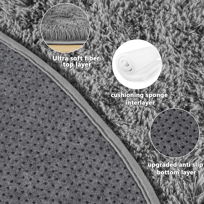 3'x3' Grey Round Rug for Bedroom, Ultra Soft Fluffy Circle Rug for Kids Girls Boys Room, Cute Small Shag Rugs for Living Room Playroom Teen Room Home Decor Rug