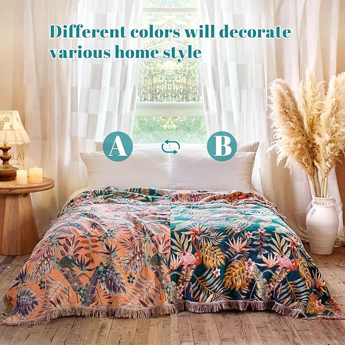 MSGKV Boho Throw Blanket for Bed 60"x80" 100% Cotton Jungle Animal Couch Blanket Spring Breathable Lightweight Twin Size Blankets for Sofa Home Decor Muslin All Seasons