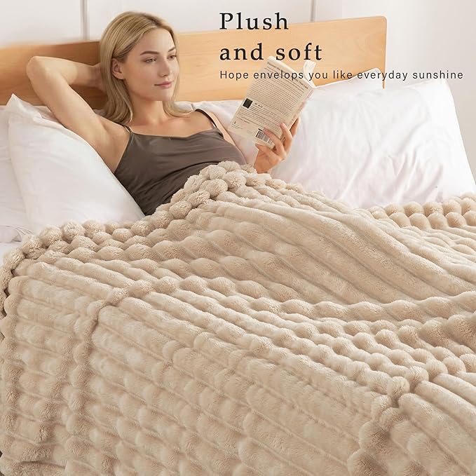 Exclusivo Mezcla Fleece Throw Blanket for Couch, Super Soft Striped Jacquard Bed Blanket, Lightweight Fuzzy Cozy for All Seasons, 50x60 Inches, Beige