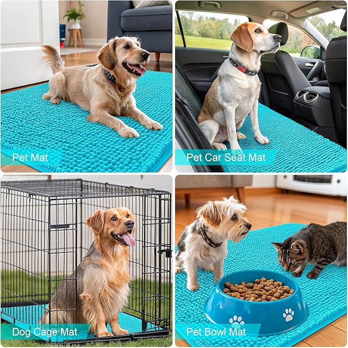 OLANLY Dog Door Mat for Muddy Paws 54x32, Absorbs Moisture and Dirt, Absorbent Non-Slip Washable Doormat, Quick Dry Chenille Mud Mat for Dogs, Entry Indoor Entryway Carpet for Inside Floor, Aqua Blue