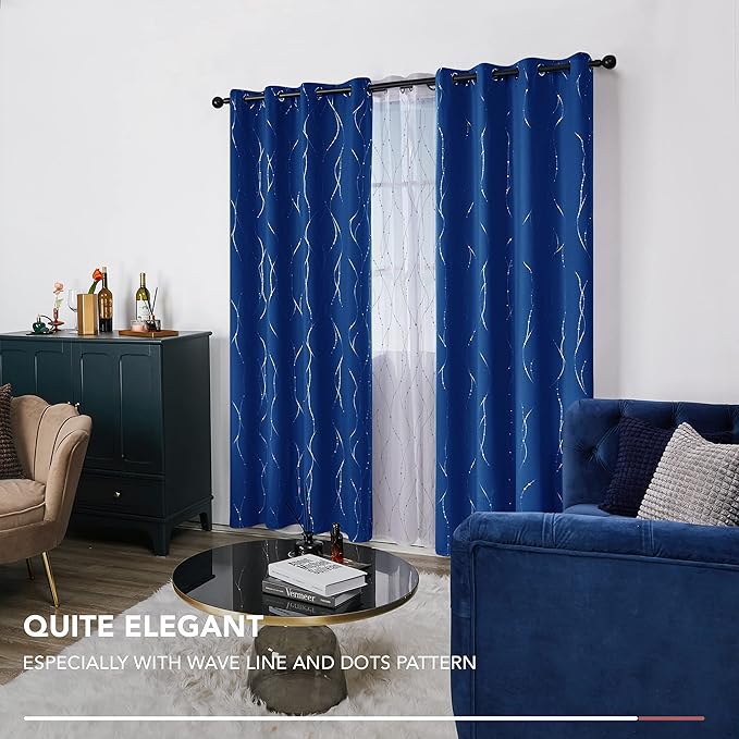 Deconovo Blackout Curtains, 52 x 63 Inch Drapes for Living Room with Wave Dots Silver Print, Soundproof Thermal Insulated Window Curtain for Bedroom Nursery, Set of 2, Machine Washable, Royal Blue