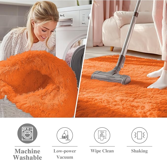 OLANLY Orange Round Rugs for Bedroom - Machine Washable, 9 ft Circle Area Rugs for Living Room, Soft and Fluffy Shaggy Carpet for Teen Girl and Boys, Nursery Rooms, Dorms, Home Decor Aesthetic
