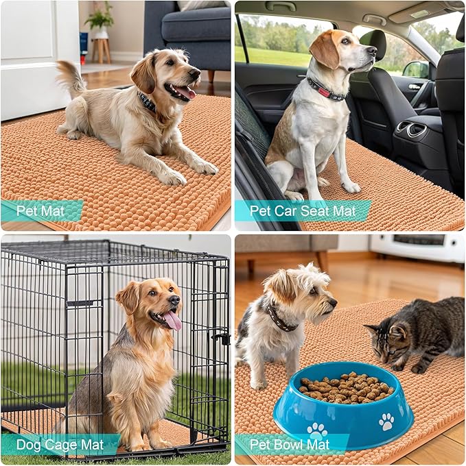OLANLY Dog Door Mat for Muddy Paws 44x24, Absorbs Moisture and Dirt, Absorbent Non-Slip Washable Doormat, Quick Dry Chenille Mud Mat for Dogs, Entry Indoor Entryway Carpet for Inside Floor, Orange