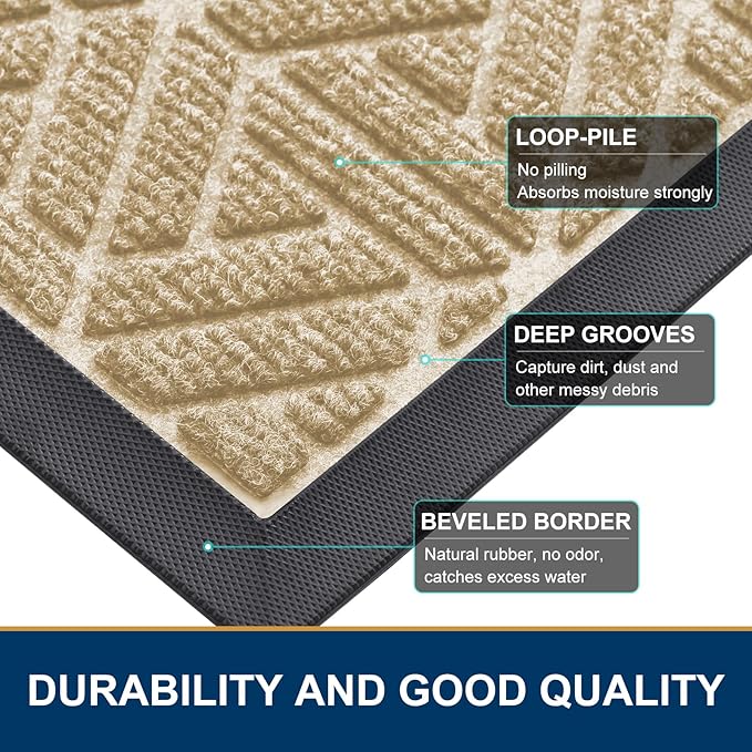 Smiry Front Door Mat Outside Entrance, Heavy Duty Sturdy Natural Rubber Doormat, Trap Dirt and Moisture, Easy Clean Low Profile Mats for Indoor Outdoor Entry, Grid Geometric (29.5x17, Beige)