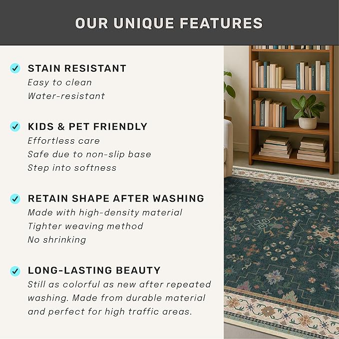 Hazo Haus Dark Green 4x6 Living Room Rug - Modern Vintage Boho Floral Forest, Washable Low Pile Non-Slip Area Rugs for Door Mat Entrance, Mudroom, Kitchen, Bedroom Beside Bed, Office