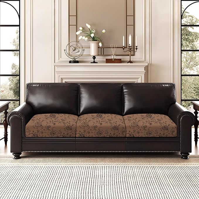 Leather Look Couch Cushion Covers Sofa Seat Slipcovers Sets Couches Furniture Protector for Sectional Armchair Loveseat Pets Kids Stretch Spandex Fabric (3 Cushion Sofa, Brown 02Flower)