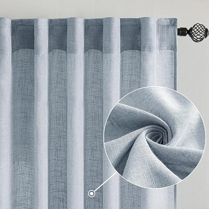 MIULEE Chambray Blue Linen Curtains 96 Inches Long 2 Panels for Bedroom Living Room, Soft Linen Textured Window Drapes Semi Sheer Light Filtering Back Tab Rod Pocket Farmhouse Modern Burlap Look Decor