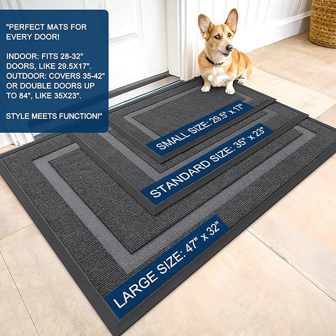 OLANLY Front Door Mat Indoor Outdoor Entrance, Waterproof All-Season, All-Weather Doormat, Sturdy Natural Rubber, Fade Resistant, Low Profile, Easy Clean Patio Porch Entryway Mat, 59x35, Grey