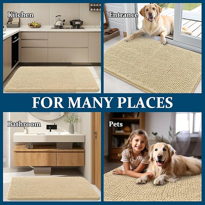 OLANLY Dog Door Mat for Muddy Paws 44x24, Absorbs Moisture and Dirt, Absorbent Non-Slip Washable Doormat, Quick Dry Chenille Mud Mat for Dogs, Entry Indoor Entryway Carpet for Inside Floor, Sand